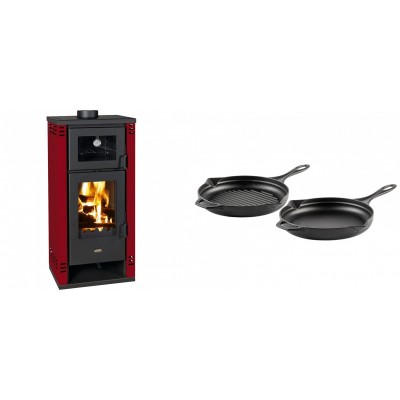 Set Kaminofen, Holzofen mit Backfach Prity K2 GT F Rot, 8.1 kW + Gusseisen Topf Set aus 2 teilen Solagio, Black Onyx - Kaminofen - Holzofen mit Backfach