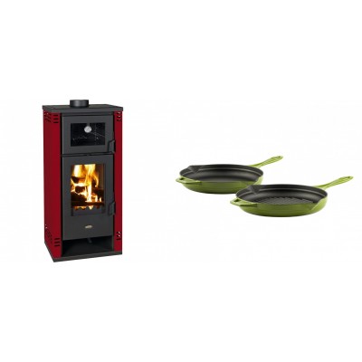 Set Kaminofen, Holzofen mit Backfach Prity K2 GT F Rot, 8.1 kW + Gusseisen Topf Set aus 2 teilen Solagio, Bamboo - Kaminofen - Holzofen mit Backfach