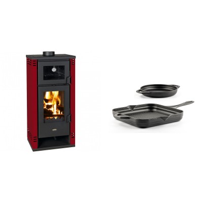 Set Kaminofen, Holzofen mit Backfach Prity K2 GT F Rot, 8.1 kW + Gusseisen Topf Set aus 2 teilen Solagio, Black Onyx - Kaminofen - Holzofen mit Backfach
