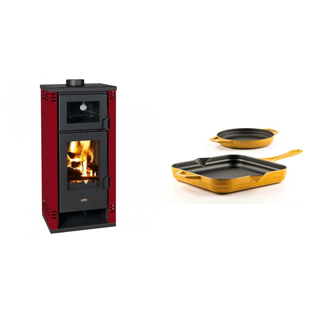 Set Kaminofen, Holzofen mit Backfach Prity K2 GT F Rot, 8.1 kW + Gusseisen Topf Set aus 2 teilen Solagio, Dijon