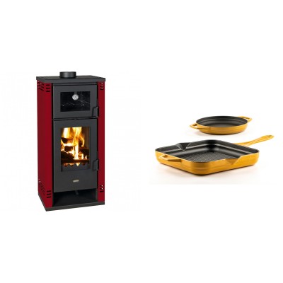 Set Kaminofen, Holzofen mit Backfach Prity K2 GT F Rot, 8.1 kW + Gusseisen Topf Set aus 2 teilen Solagio, Dijon - Kaminofen - Holzofen mit Backfach