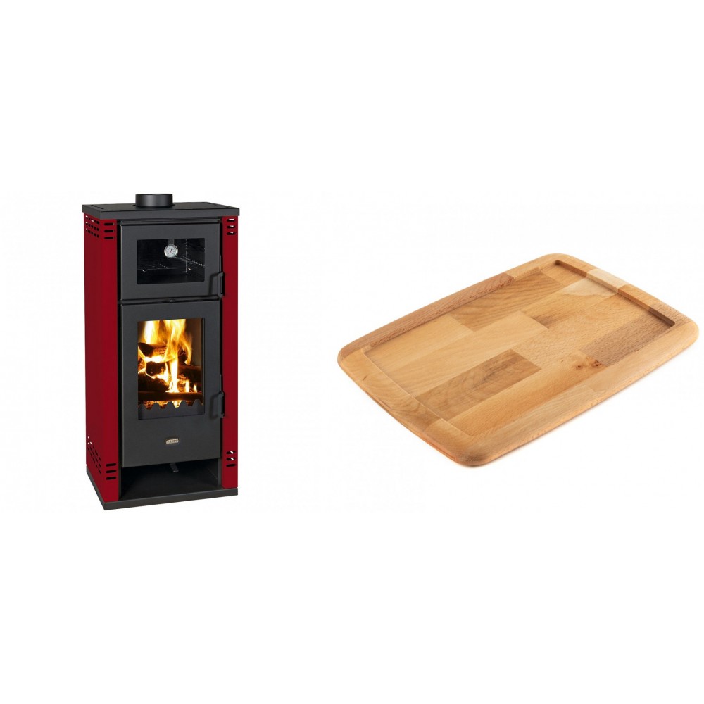 Set Kaminofen, Holzofen mit Backfach Prity K2 GT F Rot, 8.1 kW + Holz untersetzer für gusseisenplatte Solagio HSST2131
