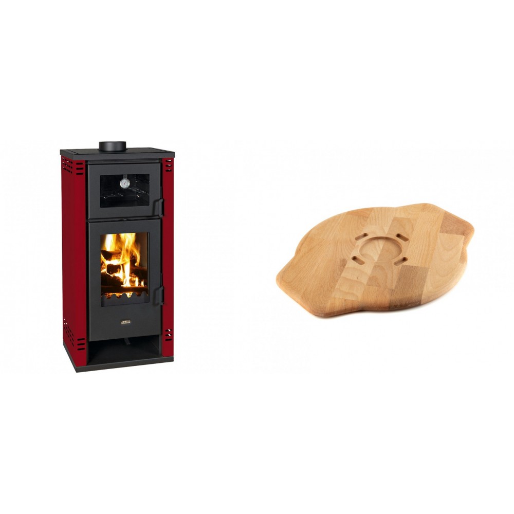 Set Kaminofen, Holzofen mit Backfach Prity K2 GT F Rot, 8.1 kW + Holz untersetzer für Gusseisenplatte Solagio HSYSAK28
