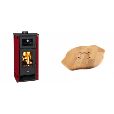 Set Kaminofen, Holzofen mit Backfach Prity K2 GT F Rot, 8.1 kW + Holz untersetzer für Gusseisenplatte Solagio HSYSAK28 - Kaminofen - Holzofen mit Backfach