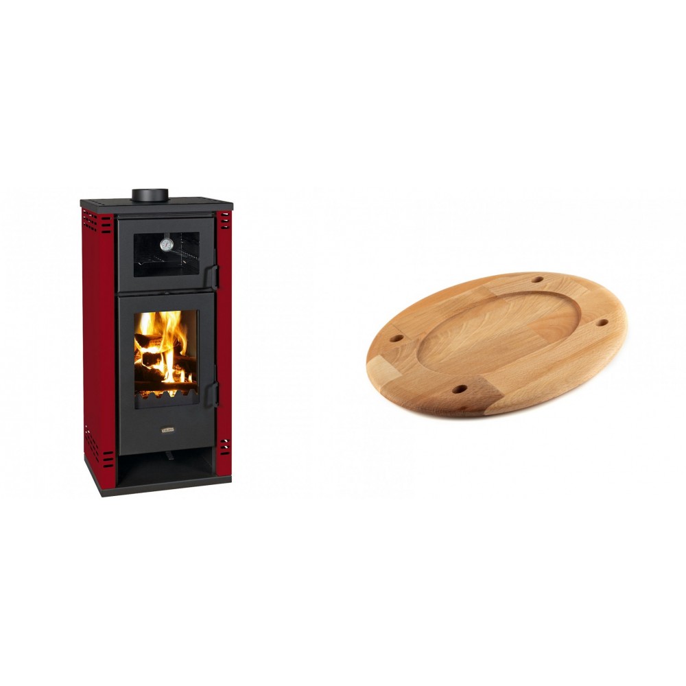 Set Kaminofen, Holzofen mit Backfach Prity K2 GT F Rot, 8.1 kW + Holz untersetzer für ovale platte Solagio HSOISK2533, 25x33cm | Holzofen | Kaminofen |