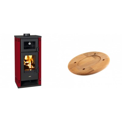 Set Kaminofen, Holzofen mit Backfach Prity K2 GT F Rot, 8.1 kW + Holz untersetzer für ovale platte Solagio HSOISK1728, 17x28cm - Kaminofen - Holzofen mit Backfach