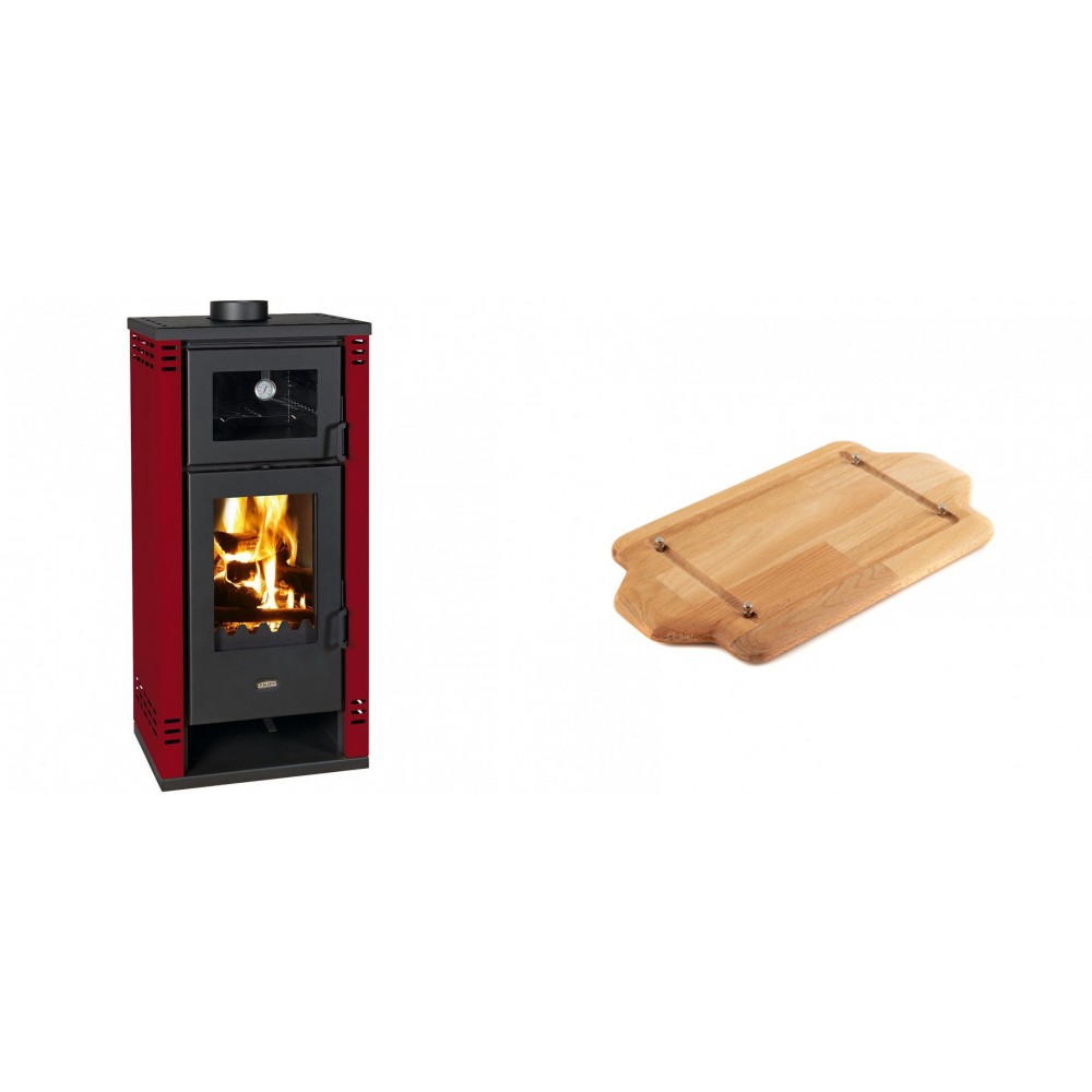 Set Kaminofen, Holzofen mit Backfach Prity K2 GT F Rot, 8.1 kW + Holz untersetzer für mini-gusseisenplatte Solagio HSDDHP1522 | Holzofen | Kaminofen |