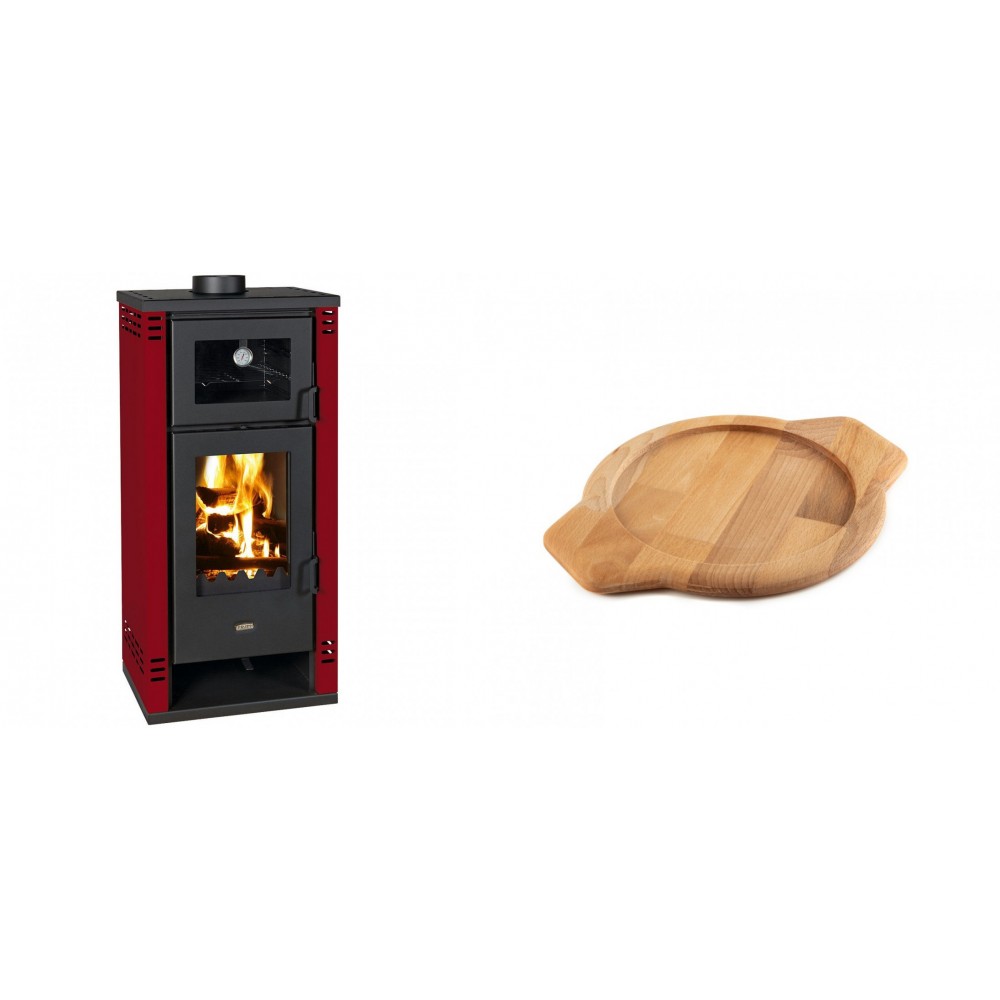 Set Kaminofen, Holzofen mit Backfach Prity K2 GT F Rot, 8.1 kW + Holz untersetzer für gusseisenschüssel Solagio HSYKTV22
