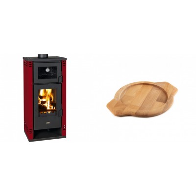 Set Kaminofen, Holzofen mit Backfach Prity K2 GT F Rot, 8.1 kW + Holz untersetzer für gusseisenschüssel Solagio HSYKTV22 - Kaminofen - Holzofen mit Backfach