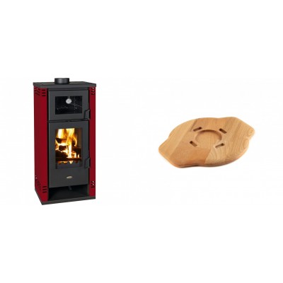 Set Kaminofen, Holzofen mit Backfach Prity K2 GT F Rot, 8.1 kW + Holz untersetzer für gusseisenplatte Solagio HSYSAK20 - Kaminofen - Holzofen mit Backfach