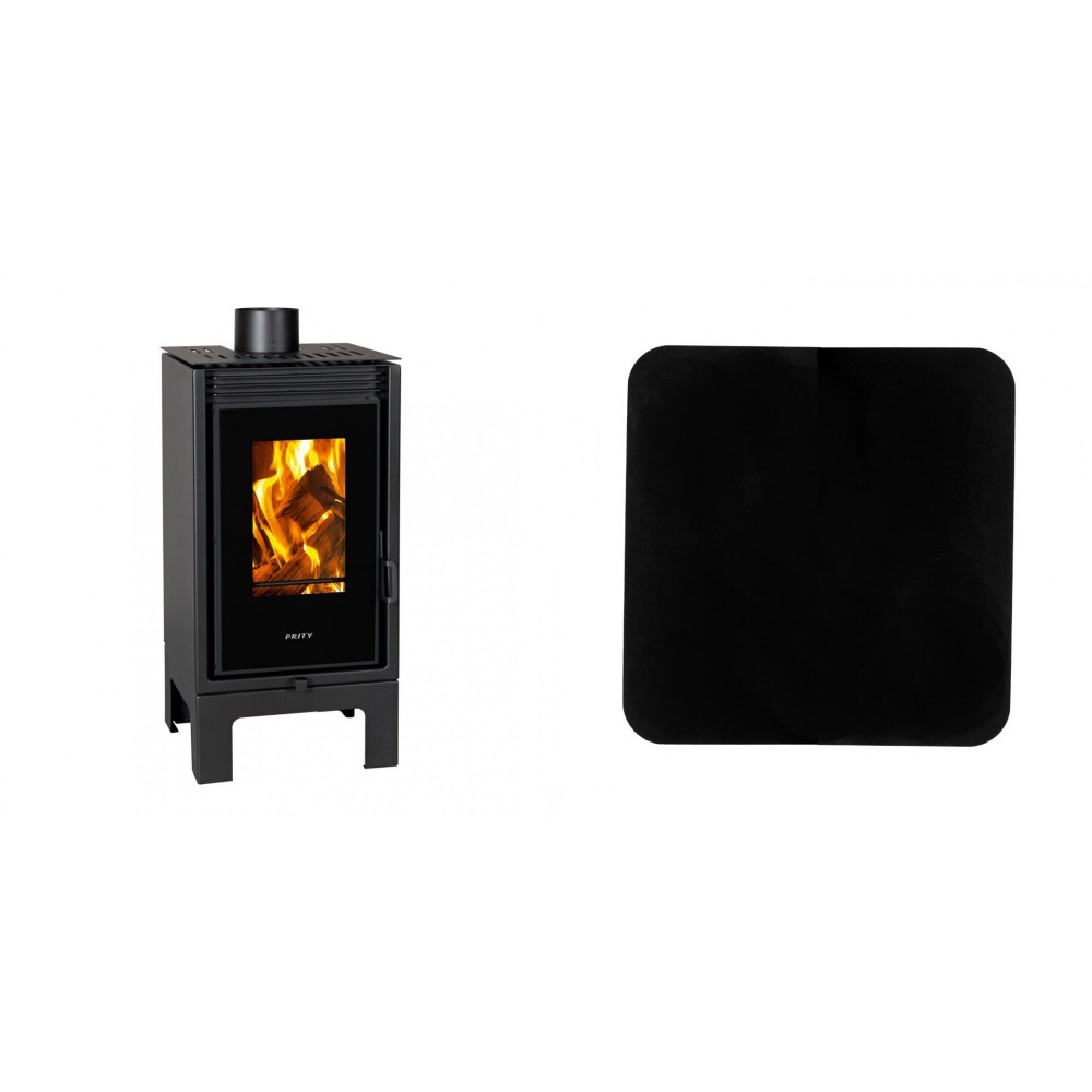 Set Kaminofen, Holzofen Prity, Modell PMV-TV SL, 11kW, Panoramablick + Funkenschutzplatte Stahl 2mm, Größe 98x98cm | Holzofen | Kaminofen |