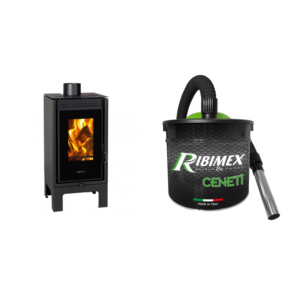 Set Kaminofen, Holzofen Prity, Modell PMV-TV SL, 11kW, Panoramablick + Elektrischer Aschesauger Ribimex, Modell Cenetì, Fassungsvermögen 15 L