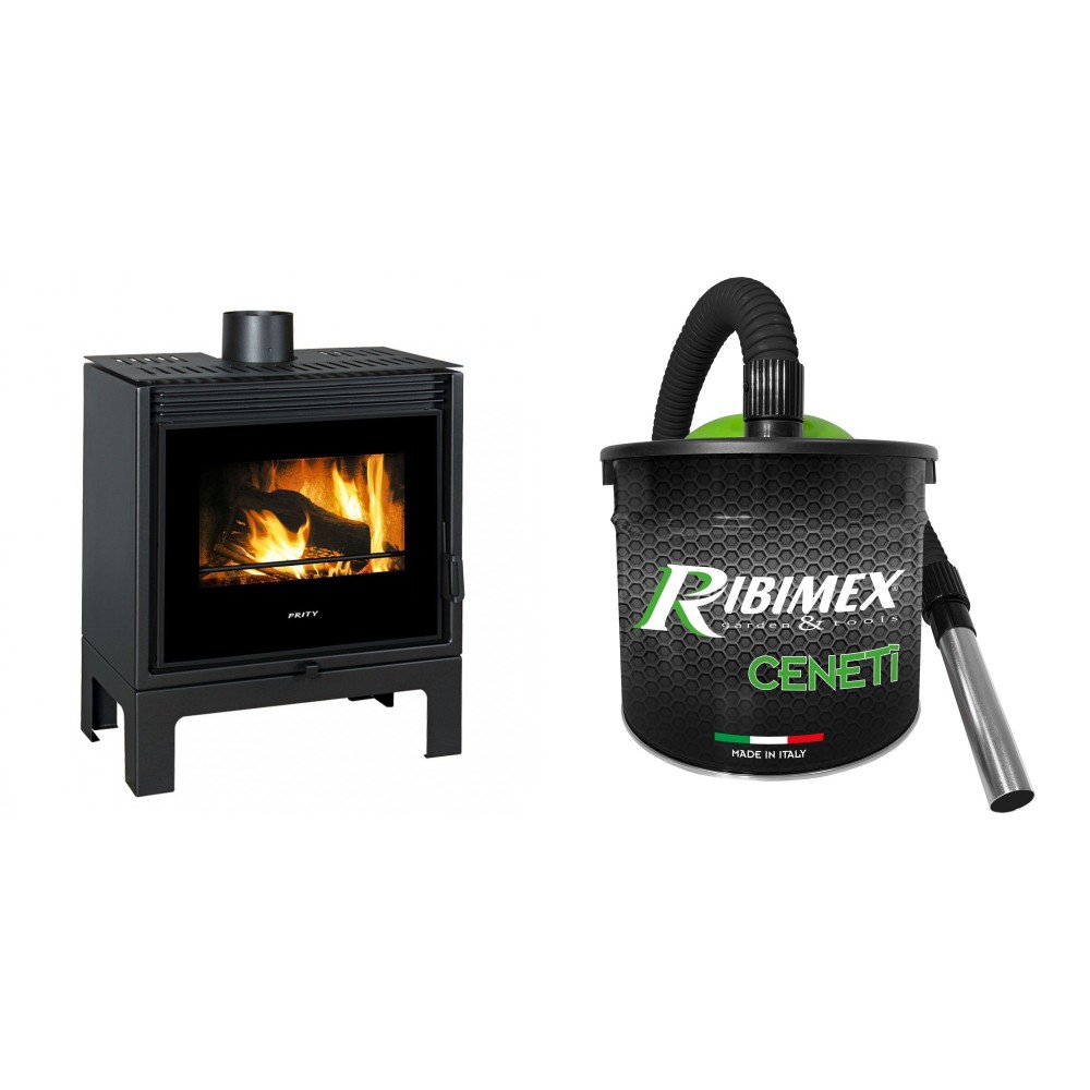 Set Kaminofen, Holzofen Prity, Modell PM-TV SL, 13kW, Panoramablick + Elektrischer Aschesauger Ribimex, Modell Cenetì, Fassungsvermögen 15 L