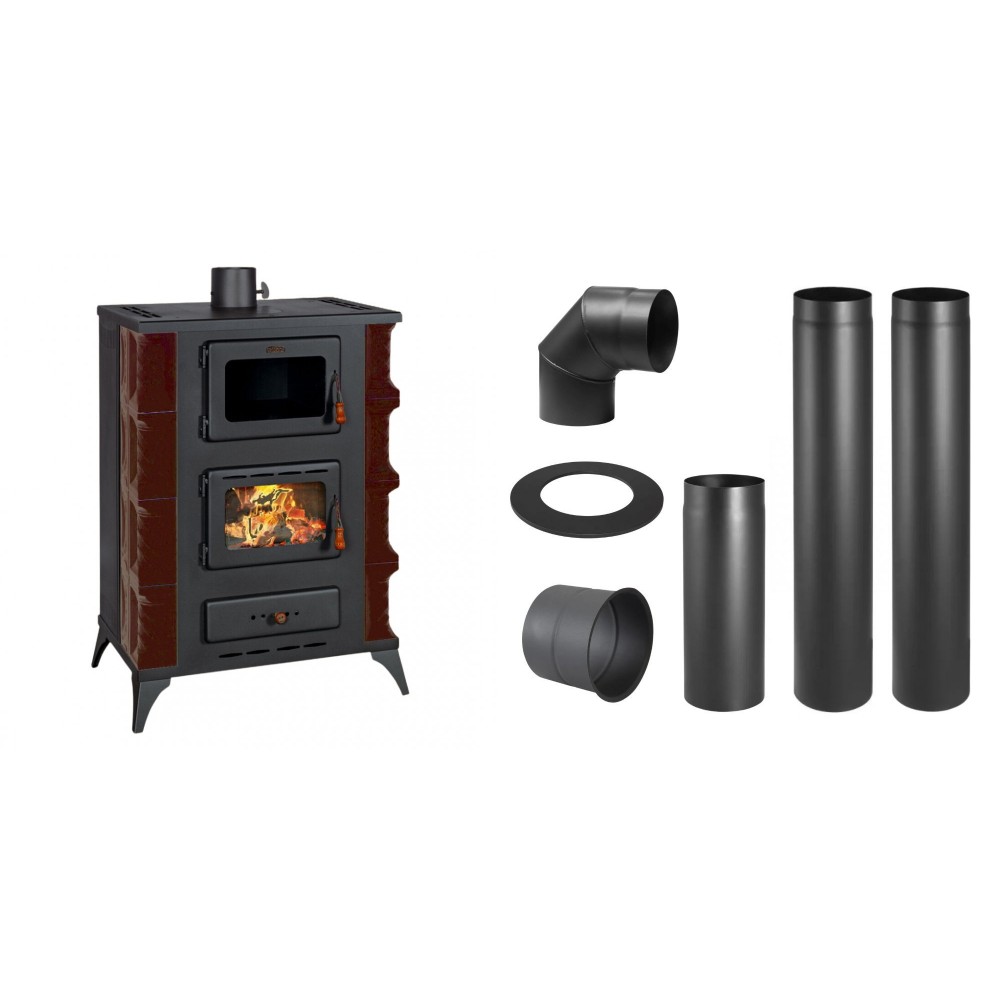 Set Kaminofen, Holzofen mit Backfach Prity, Modell F RK Maro, 12kW + Schornstein Bausatz PARKANEX, Stahl Ø130, Dicke 2mm