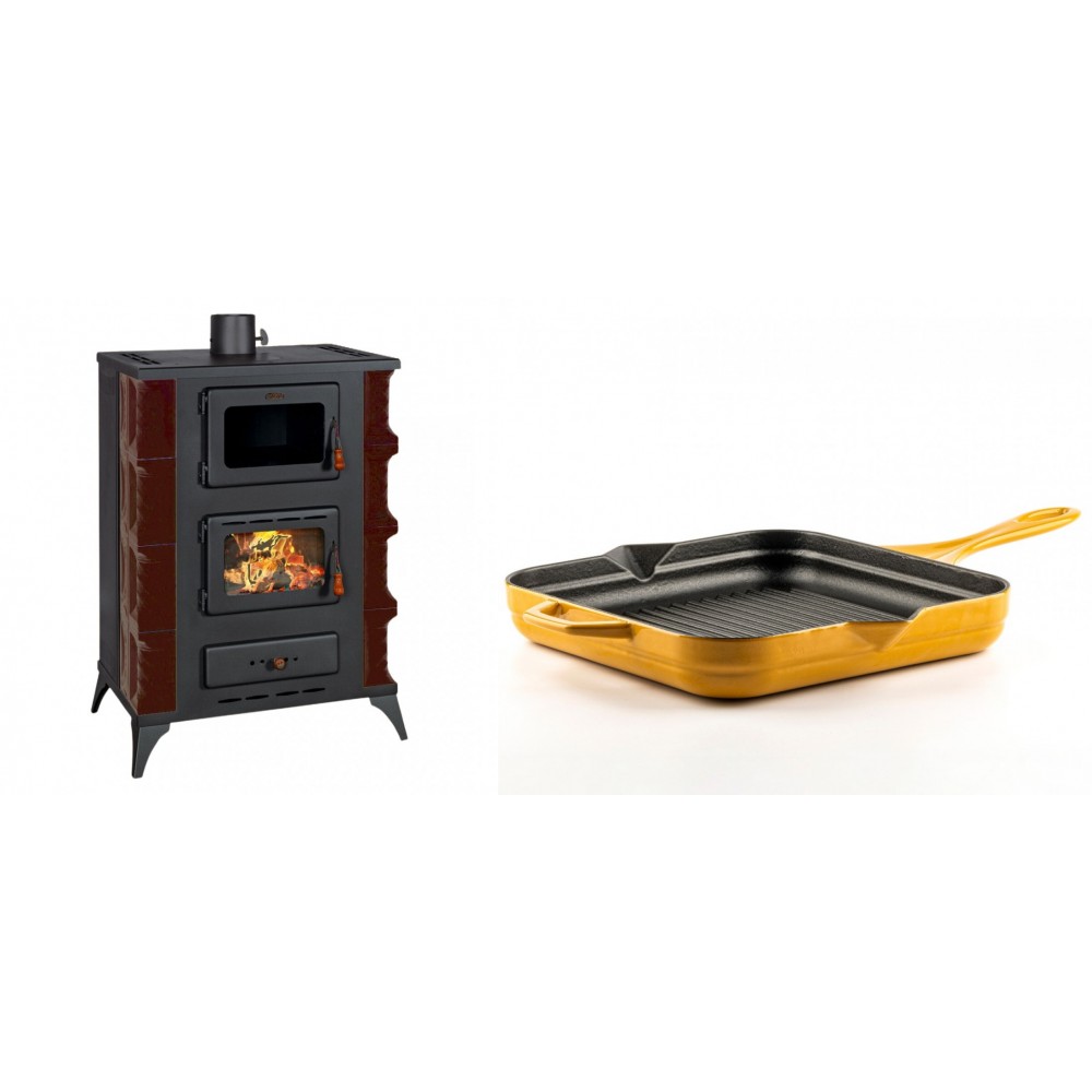 Set Kaminofen, Holzofen mit Backfach Prity, Modell F RK Maro, 12kW + Emaillierte grillpfanne Gusseisen Solagio, Dijon, 28х28cm