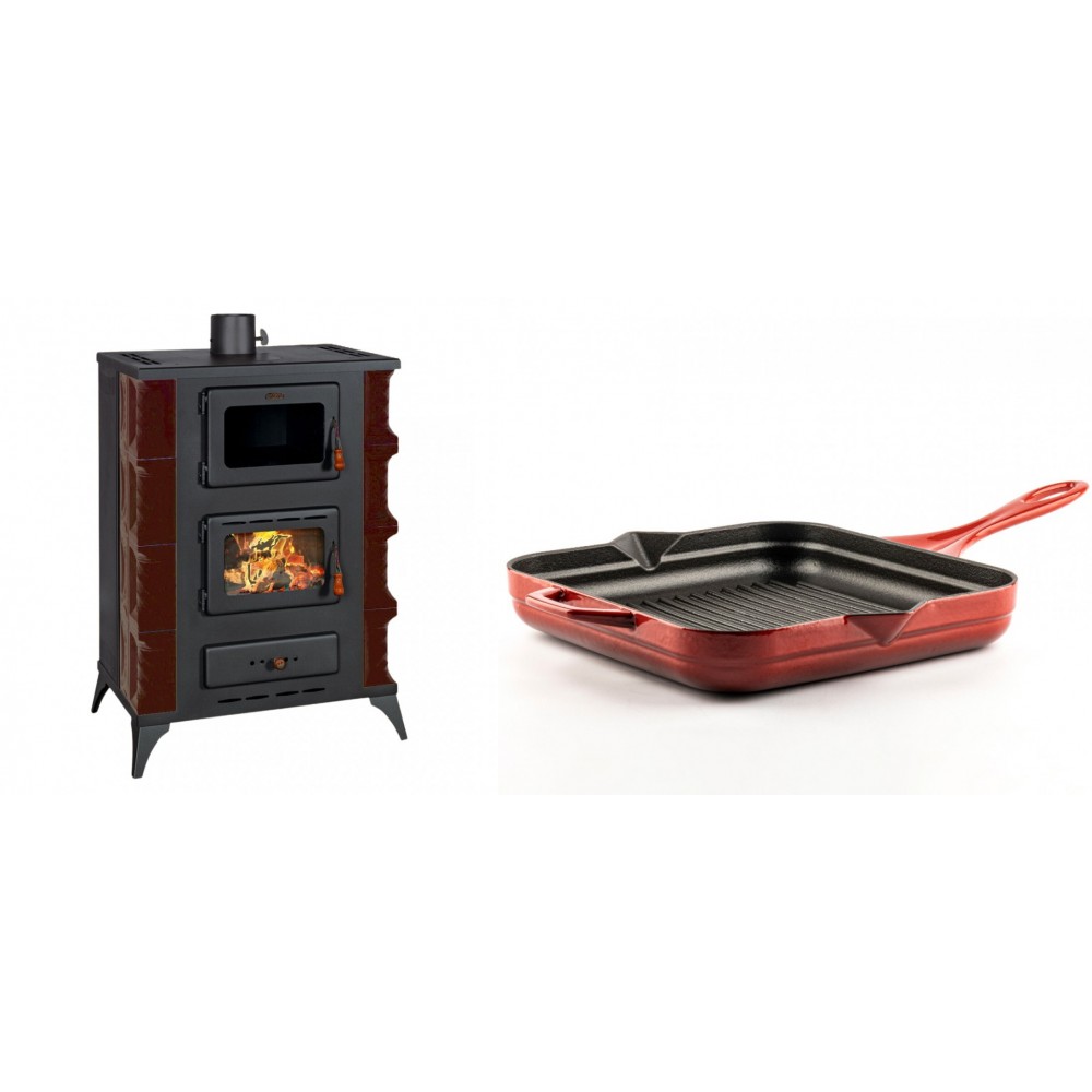 Set Kaminofen, Holzofen mit Backfach Prity, Modell F RK Maro, 12kW + Emaillierte grillpfanne Gusseisen Solagio, Rubin, 28x28cm