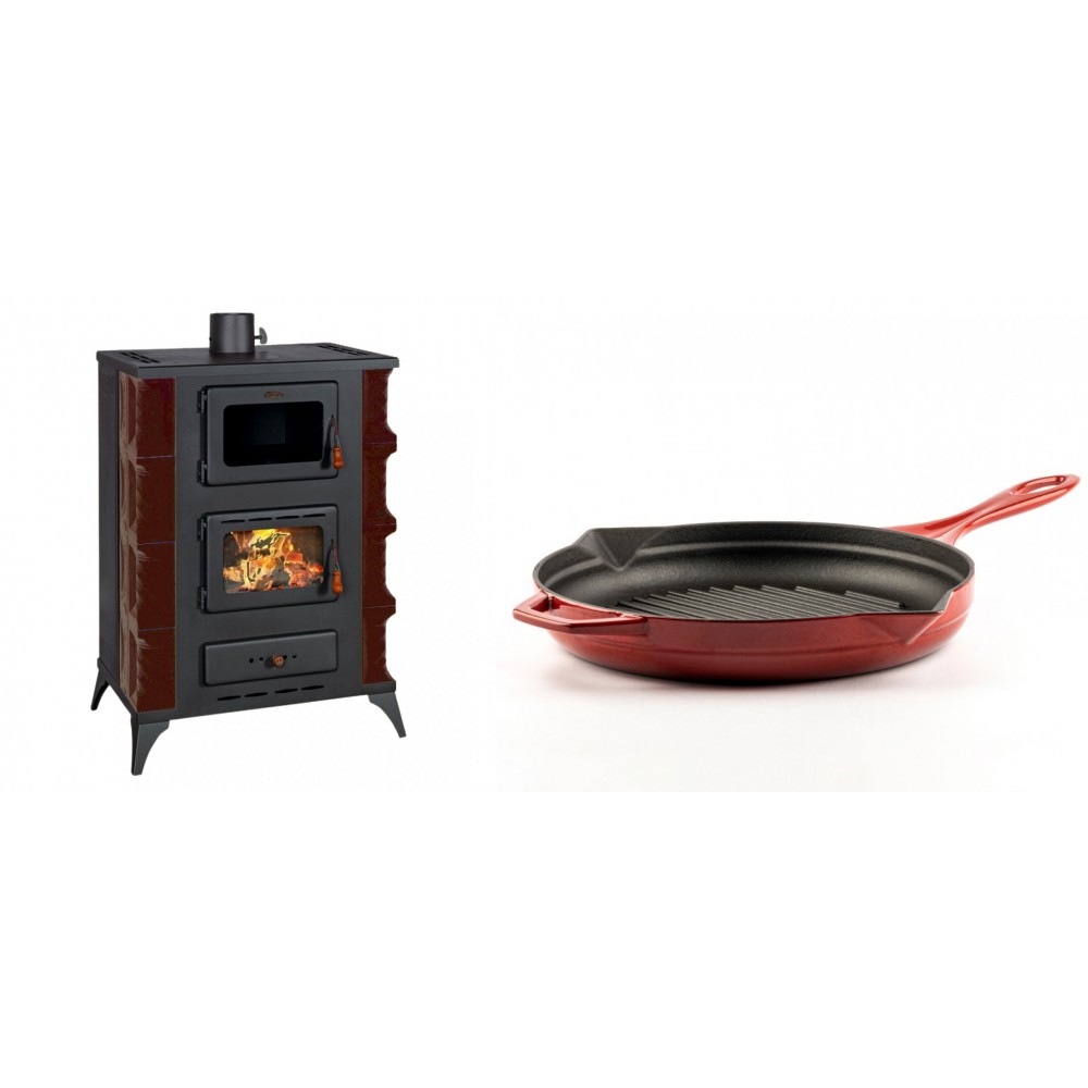 Set Kaminofen, Holzofen mit Backfach Prity, Modell F RK Maro, 12kW + Emaillierte grillpfanne Gusseisen Solagio, Rubin, Ф28cm | Holzofen | Kaminofen |