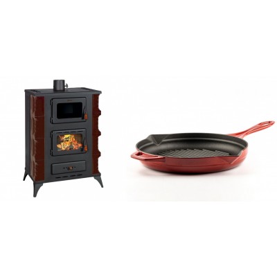 Set Kaminofen, Holzofen mit Backfach Prity, Modell F RK Maro, 12kW + Emaillierte grillpfanne Gusseisen Solagio, Rubin, Ф28cm - Kaminofen - Holzofen mit Backfach