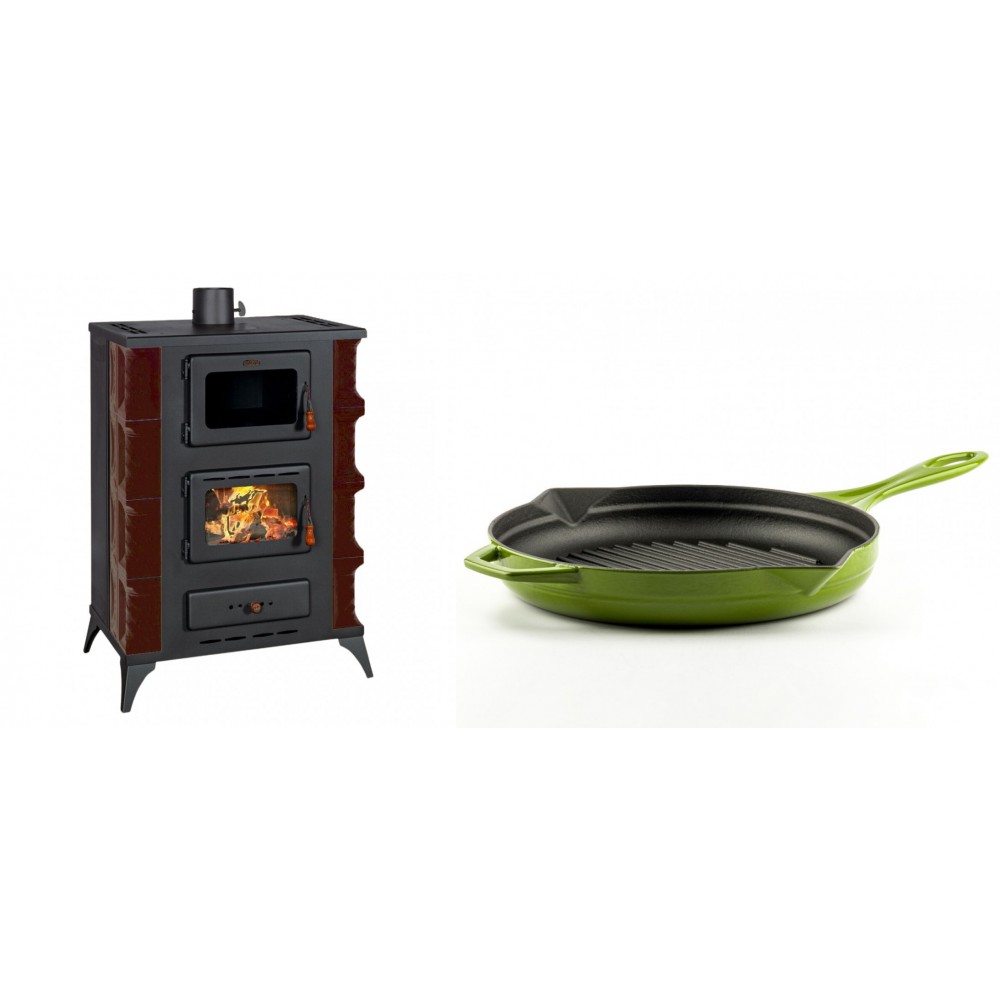 Set Kaminofen, Holzofen mit Backfach Prity, Modell F RK Maro, 12kW + Emaillierte grillpfanne Gusseisen Solagio, Bamboo, Ф28cm | Holzofen | Kaminofen |