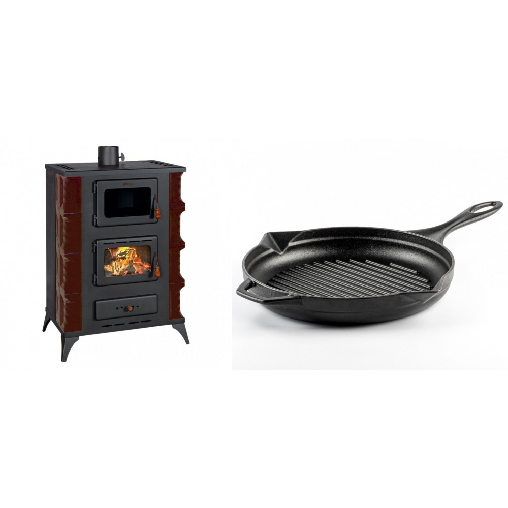 Set Kaminofen, Holzofen mit Backfach Prity, Modell F RK Maro, 12kW + Emaillierte grillpfanne Gusseisen Solagio, Black Onyx, Ф28cm