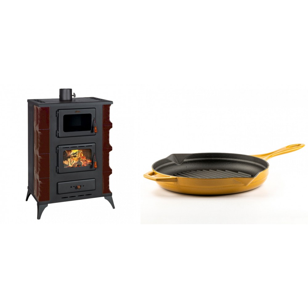 Set Kaminofen, Holzofen mit Backfach Prity, Modell F RK Maro, 12kW + Emaillierte grillpfanne Gusseisen Solagio, Dijon, Ф28cm
