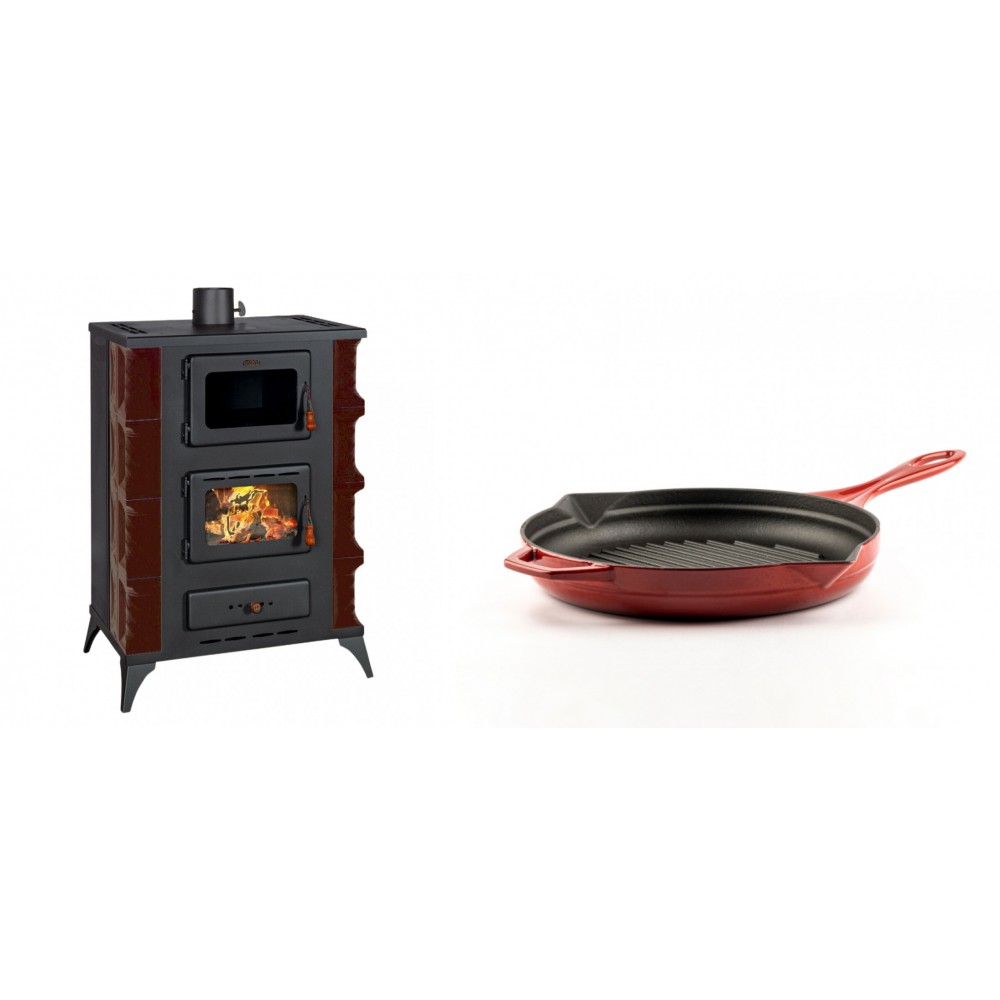 Set Kaminofen, Holzofen mit Backfach Prity, Modell F RK Maro, 12kW + Emaillierte grillpfanne Gusseisen Solagio, Rubin, Ф24cm