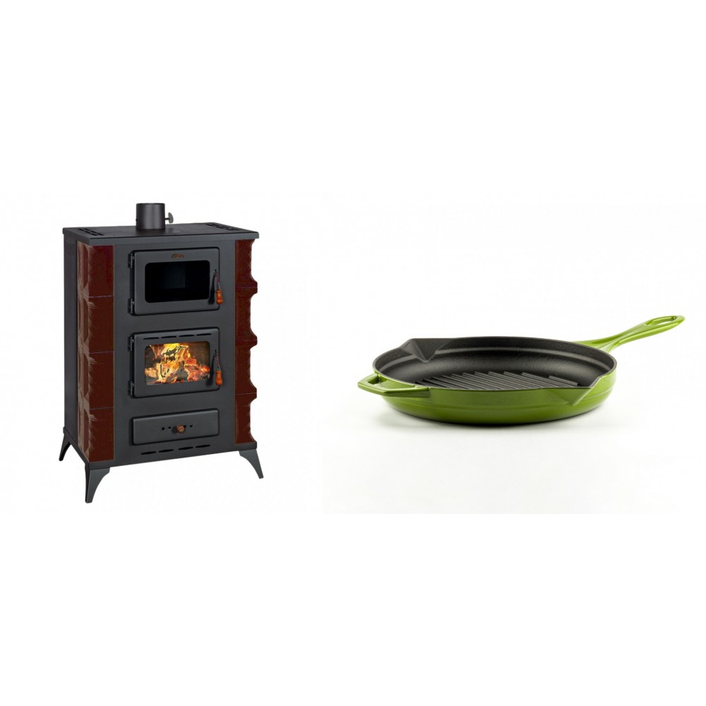 Set Kaminofen, Holzofen mit Backfach Prity, Modell F RK Maro, 12kW + Emaillierte grillpfanne Gusseisen Solagio, Bamboo, Ф24cm
