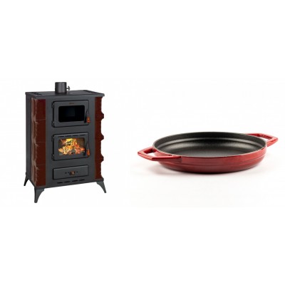 Set Kaminofen, Holzofen mit Backfach Prity, Modell F RK Maro, 12kW + Emaillierte gusseisenpfanne mit zwei Griffen Solagio, Rubin, Ф22cm - Kaminofen - Holzofen mit Backfach