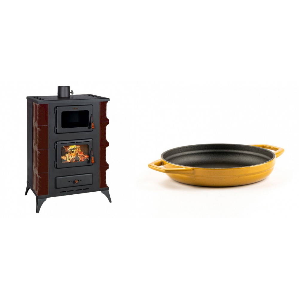 Set Kaminofen, Holzofen mit Backfach Prity, Modell F RK Maro, 12kW + Emaillierte gusseisenpfanne mit zwei Griffen Solagio, Dijon, Ф19cm