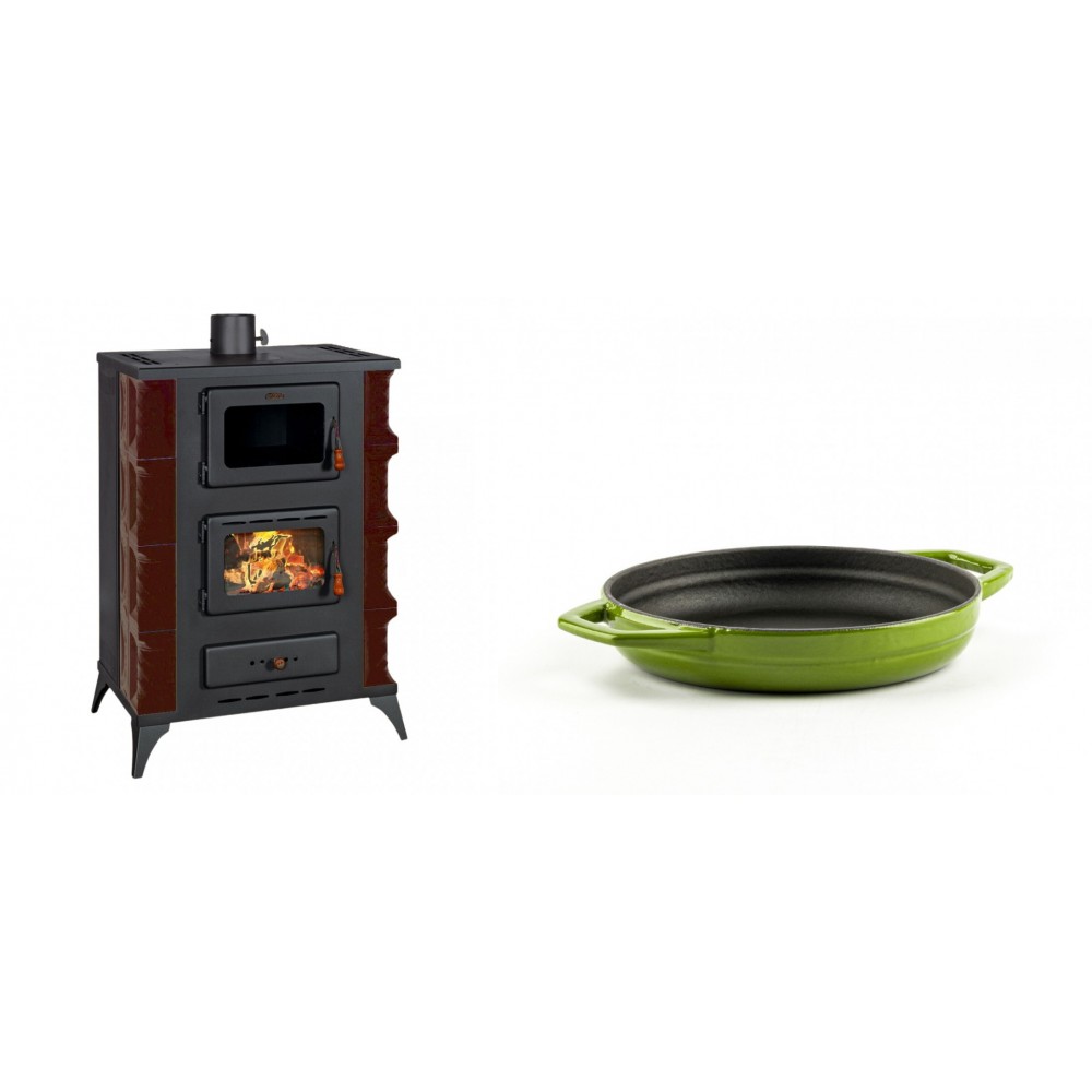 Set Kaminofen, Holzofen mit Backfach Prity, Modell F RK Maro, 12kW + Emaillierte gusseisenpfanne mit zwei Griffen Solagio, Bamboo, Ф16cm