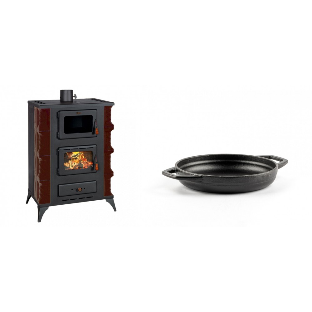 Set Kaminofen, Holzofen mit Backfach Prity, Modell F RK Maro, 12kW + Emaillierte gusseisenpfanne mit zwei Griffen Solagio, Black Onyx, Ф16cm | Holzofen | Kaminofen |