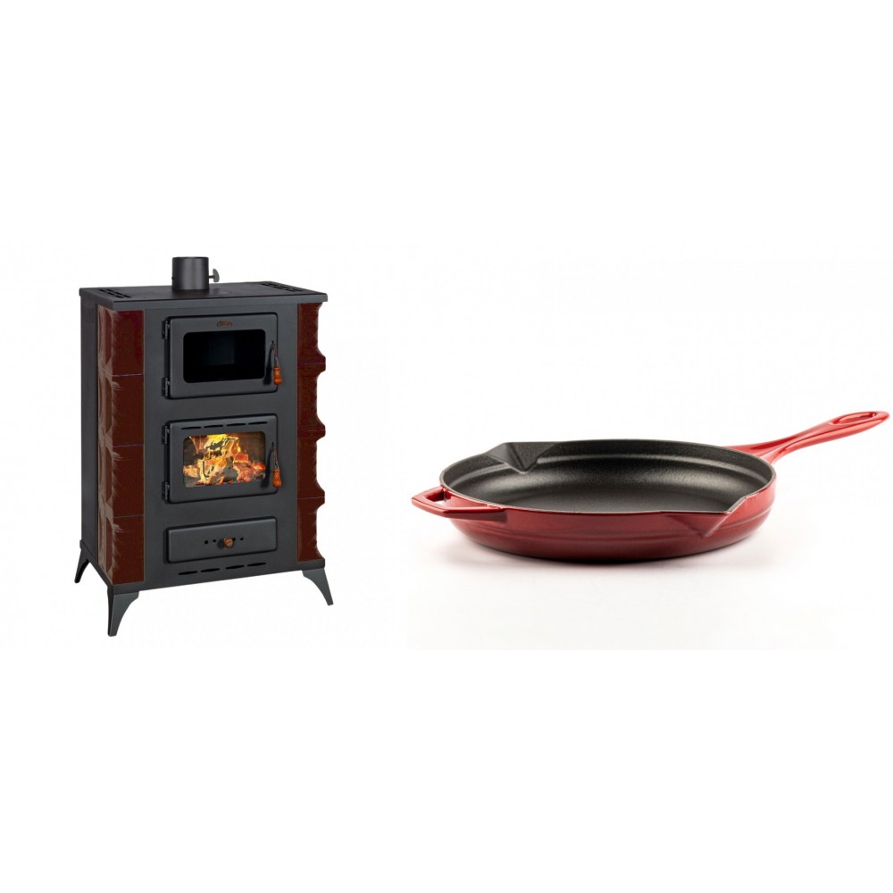 Set Kaminofen, Holzofen mit Backfach Prity, Modell F RK Maro, 12kW + Emaillierte Gusseisenpfanne Solagio, Rubin, Ф28cm