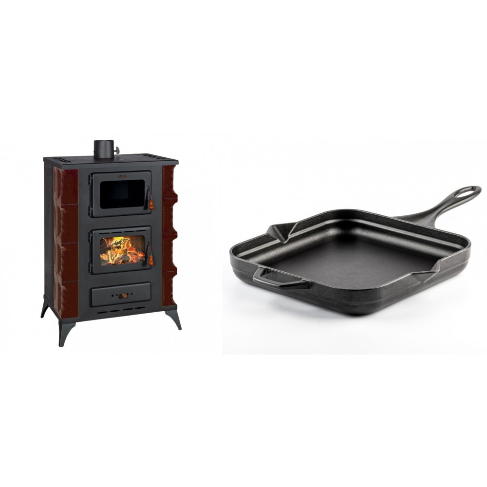 Set Kaminofen, Holzofen mit Backfach Prity, Modell F RK Maro, 12kW + Emaillierte Gusseisenpfanne Solagio, Black Onyx, 28x28cm