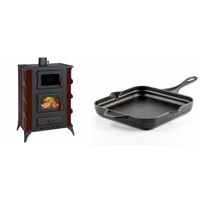 Set Kaminofen, Holzofen mit Backfach Prity, Modell F RK Maro, 12kW + Emaillierte Gusseisenpfanne Solagio, Black Onyx, 28x28cm - Kaminofen - Holzofen mit Backfach