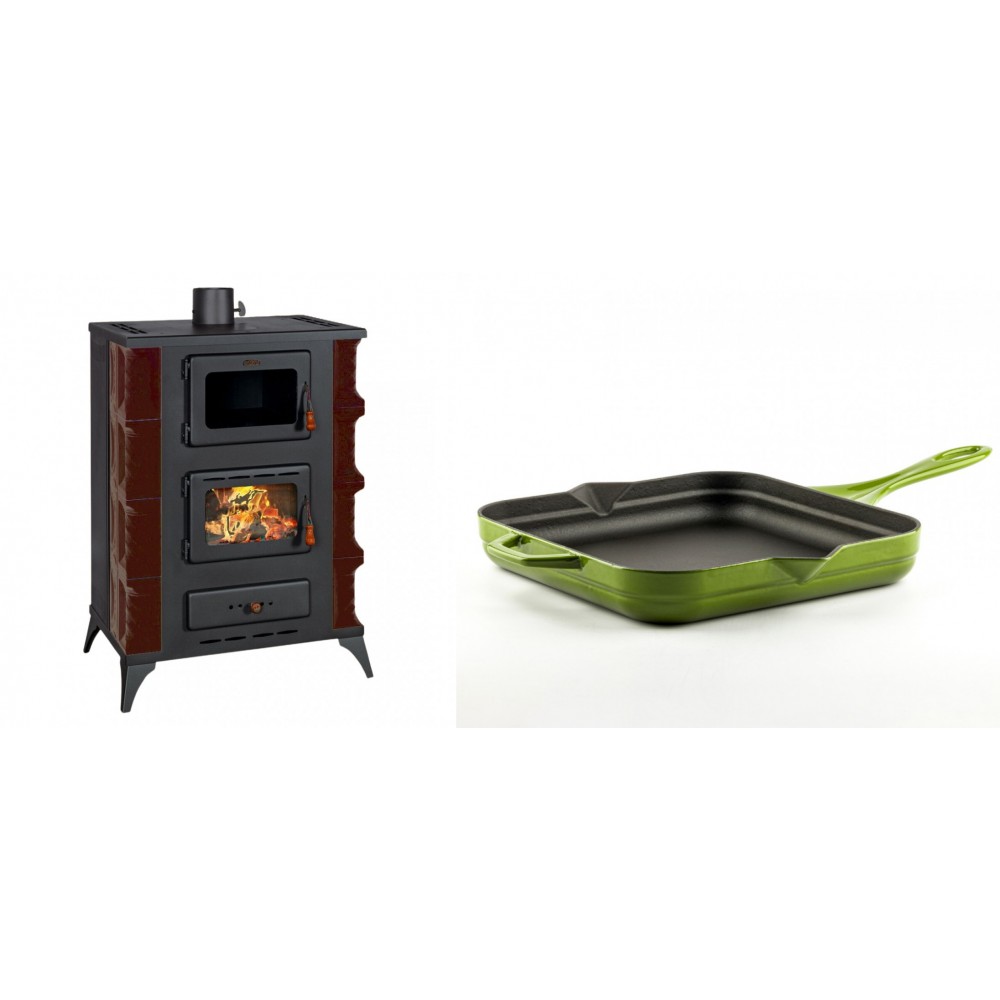 Set Kaminofen, Holzofen mit Backfach Prity, Modell F RK Maro, 12kW + Emaillierte Gusseisenpfanne Solagio, Bamboo, 28x28cm