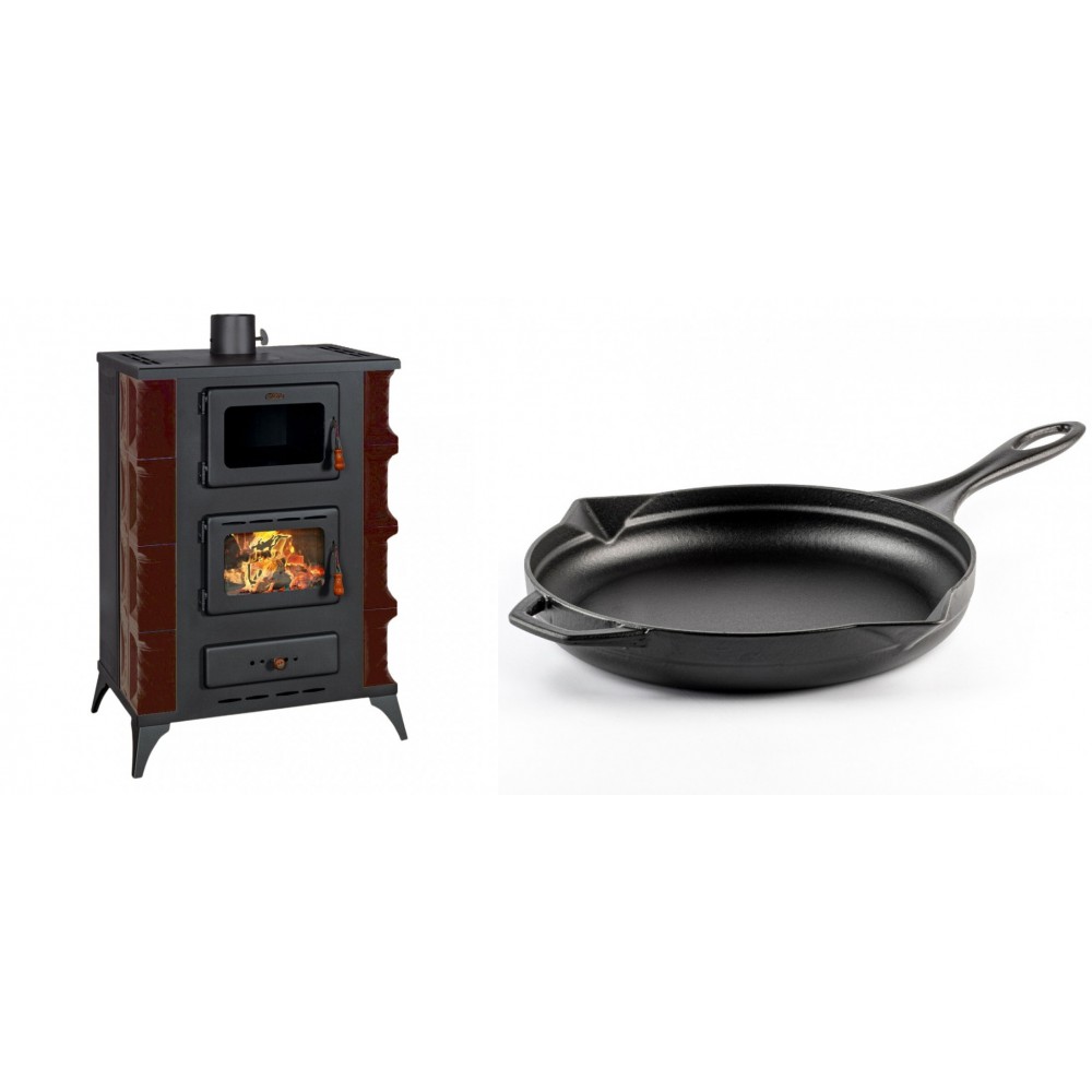 Set Kaminofen, Holzofen mit Backfach Prity, Modell F RK Maro, 12kW + Emaillierte Gusseisenpfanne Solagio, Black Onyx, Ф28cm