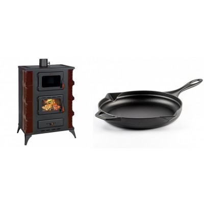 Set Kaminofen, Holzofen mit Backfach Prity, Modell F RK Maro, 12kW + Emaillierte Gusseisenpfanne Solagio, Black Onyx, Ф28cm - Kaminofen - Holzofen mit Backfach