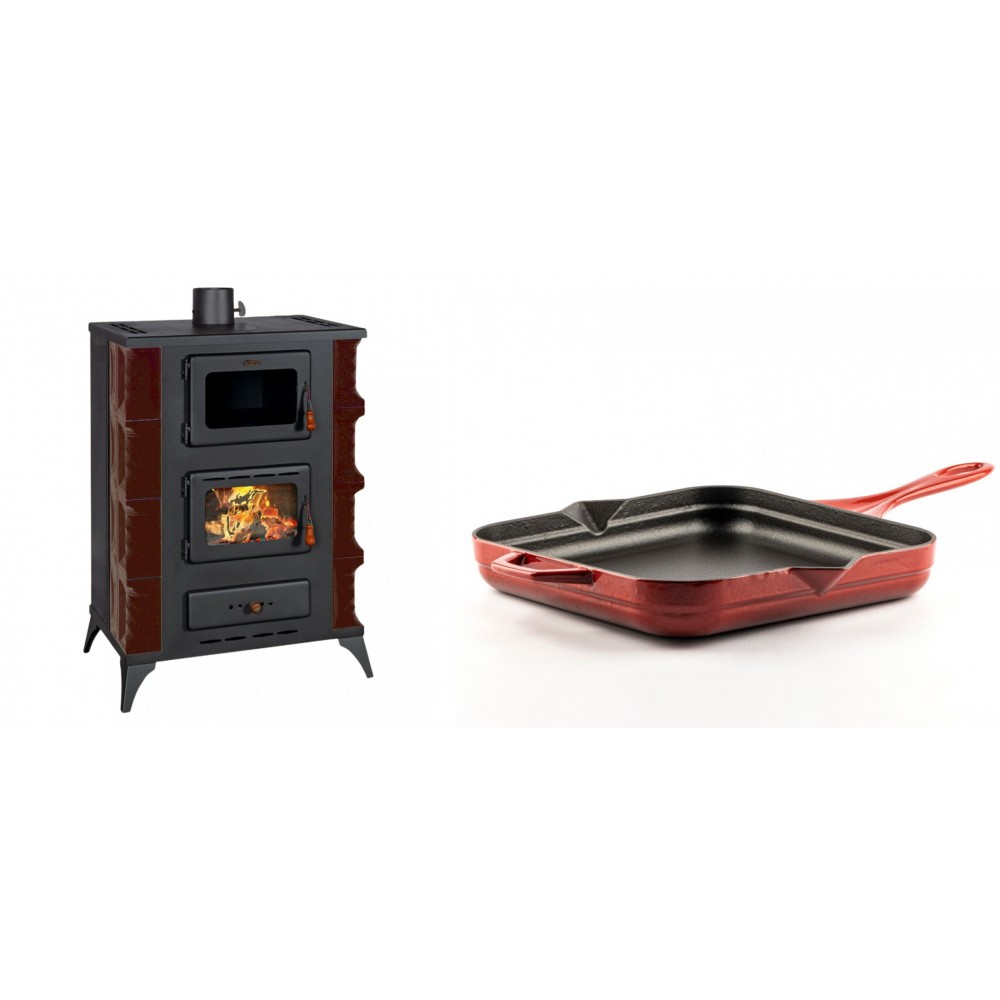 Set Kaminofen, Holzofen mit Backfach Prity, Modell F RK Maro, 12kW + Emaillierte Gusseisenpfanne Solagio, Rubin, 28x28cm