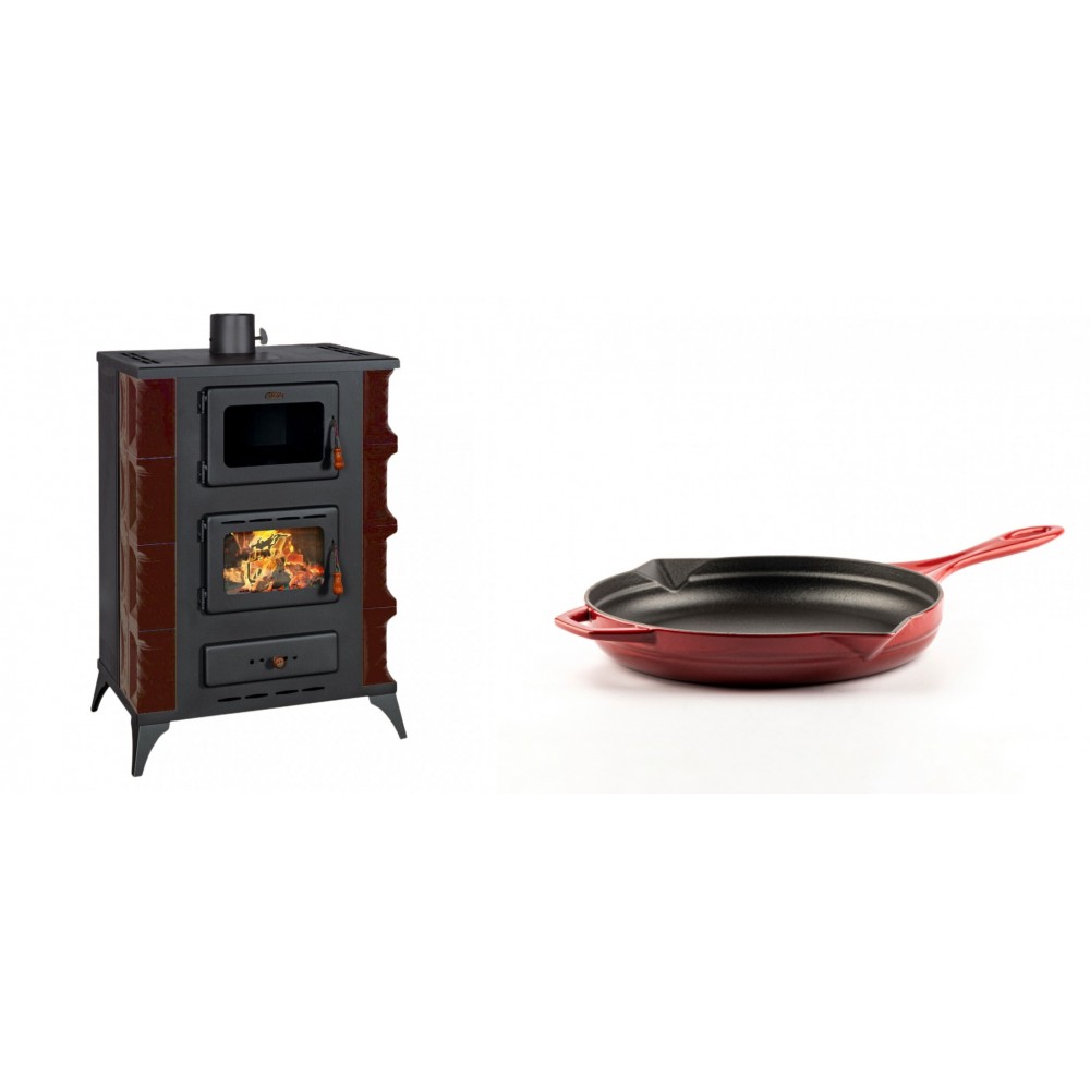 Set Kaminofen, Holzofen mit Backfach Prity, Modell F RK Maro, 12kW + Emaillierte Gusseisenpfanne Solagio, Rubin, Ф24cm | Holzofen | Kaminofen |
