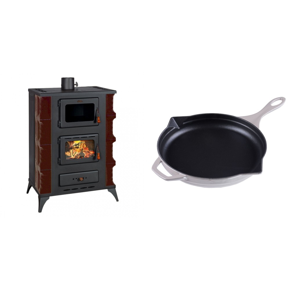 Set Kaminofen, Holzofen mit Backfach Prity, Modell F RK Maro, 12kW + Emaillierte Gusseisenpfanne Solagio, Ivory, Ф28cm | Holzofen | Kaminofen |