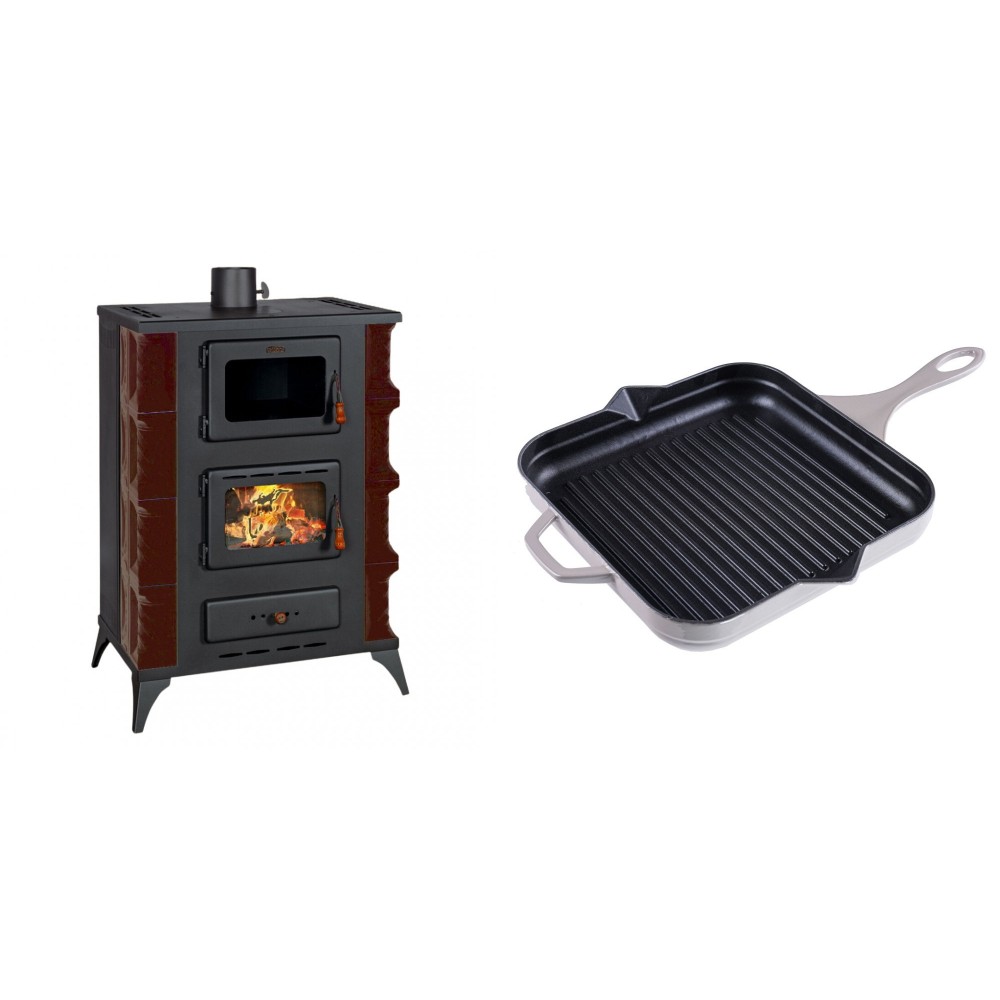 Set Kaminofen, Holzofen mit Backfach Prity, Modell F RK Maro, 12kW + Emaillierte grillpfanne Gusseisen Solagio, Ivory, 28x28cm