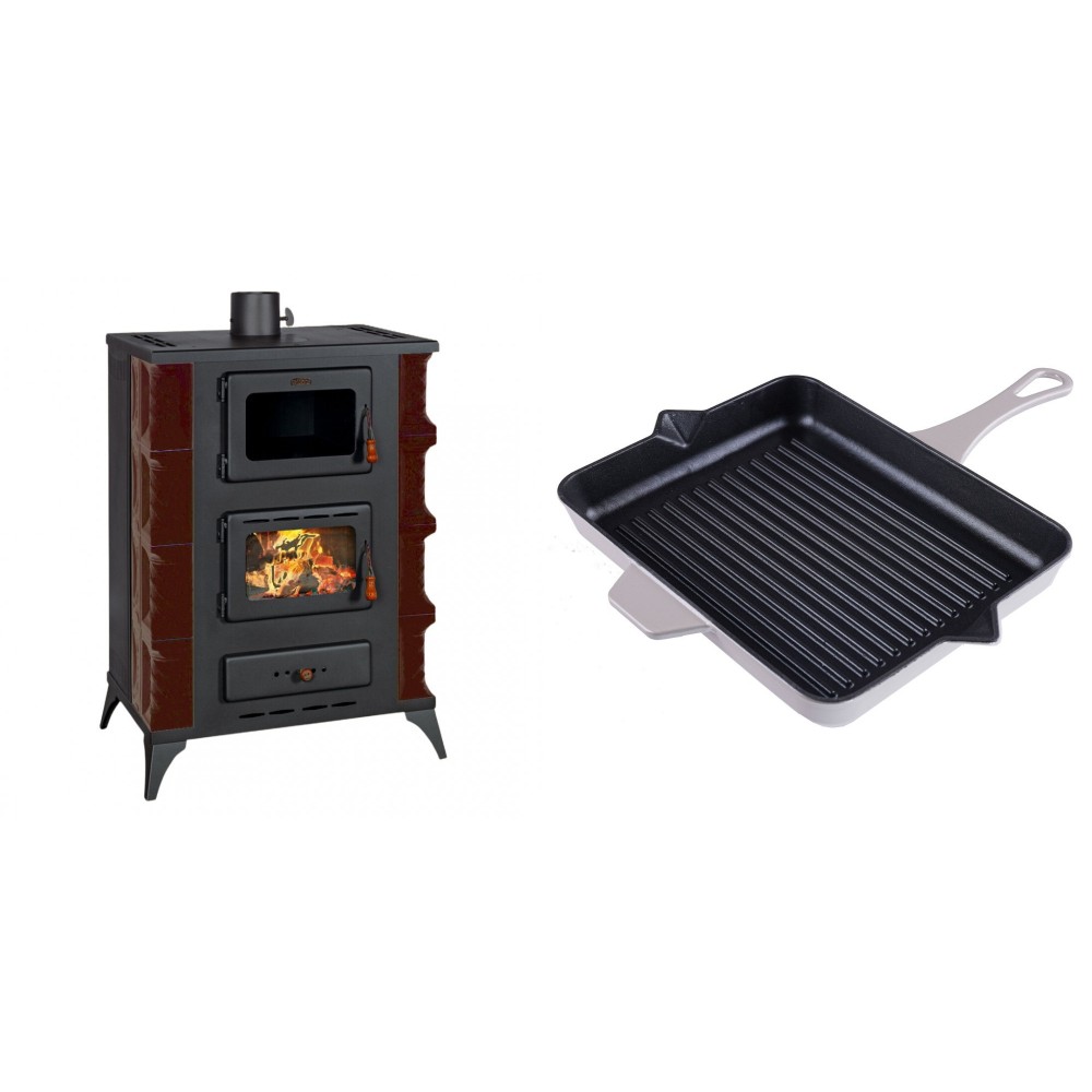 Set Kaminofen, Holzofen mit Backfach Prity, Modell F RK Maro, 12kW + Emaillierte grillpfanne Gusseisen Solagio, Ivory, 26x32cm