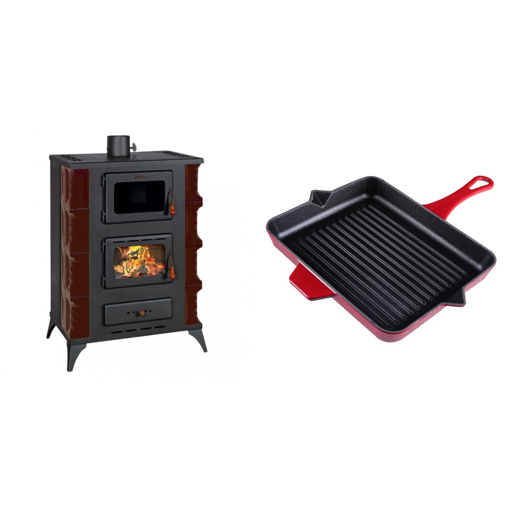 Set Kaminofen, Holzofen mit Backfach Prity, Modell F RK Maro, 12kW + Emaillierte grillpfanne Gusseisen Solagio, Rubin, 26x32cm
