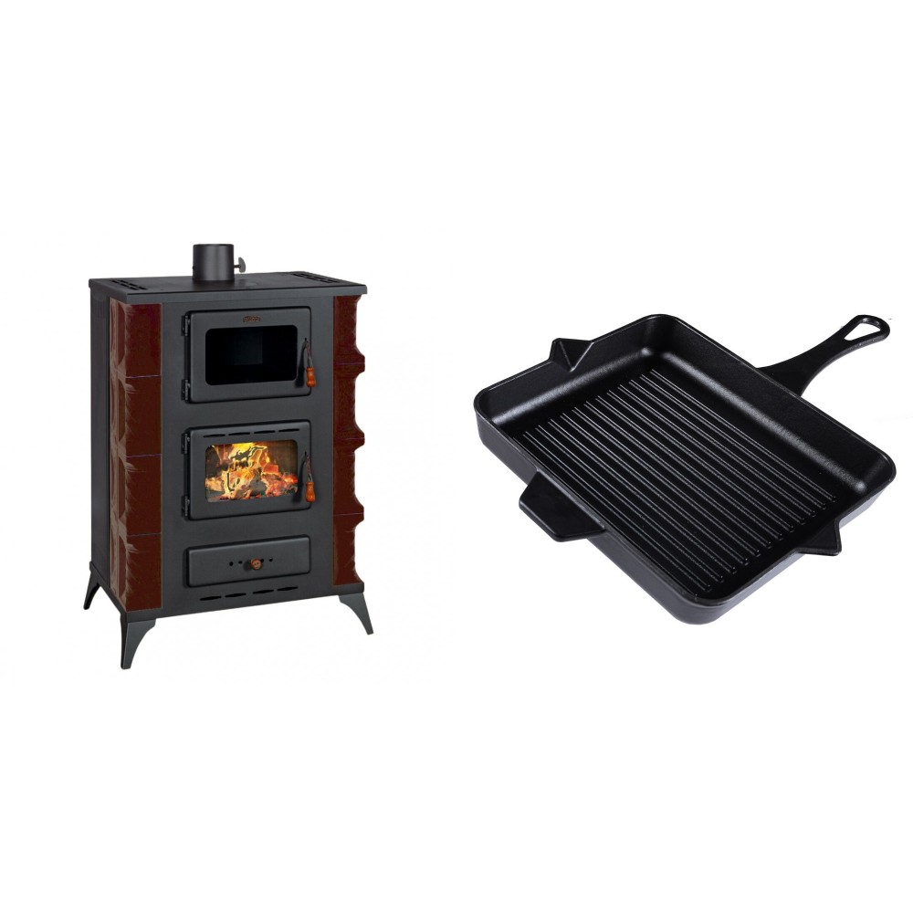 Set Kaminofen, Holzofen mit Backfach Prity, Modell F RK Maro, 12kW + Emaillierte grillpfanne Gusseisen Solagio, Black Onyx, 26x32cm | Holzofen | Kaminofen |