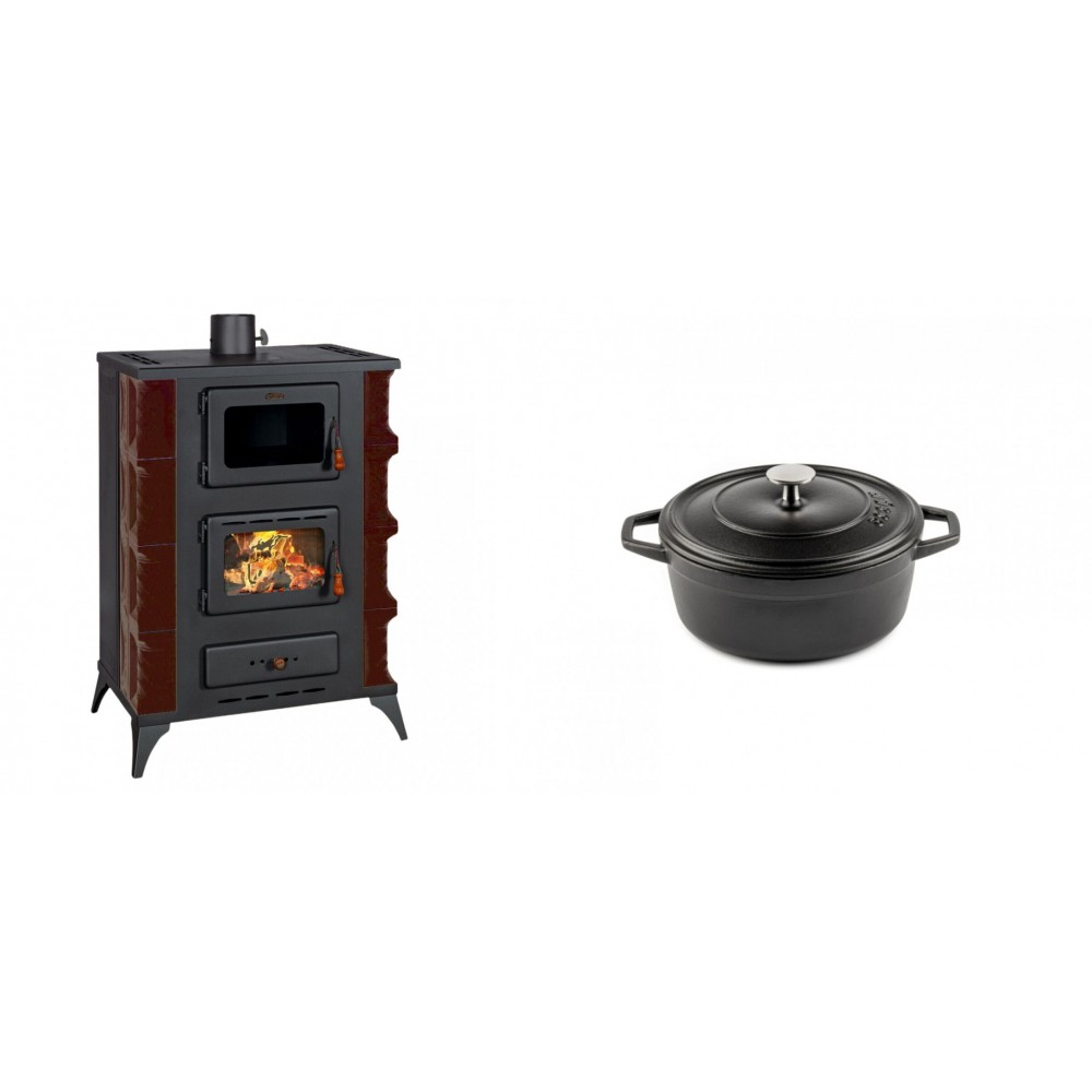 Set Kaminofen, Holzofen mit Backfach Prity, Modell F RK Maro, 12kW + Gusseisen Topf Tiefer Solagio, Black Onyx, Ф12