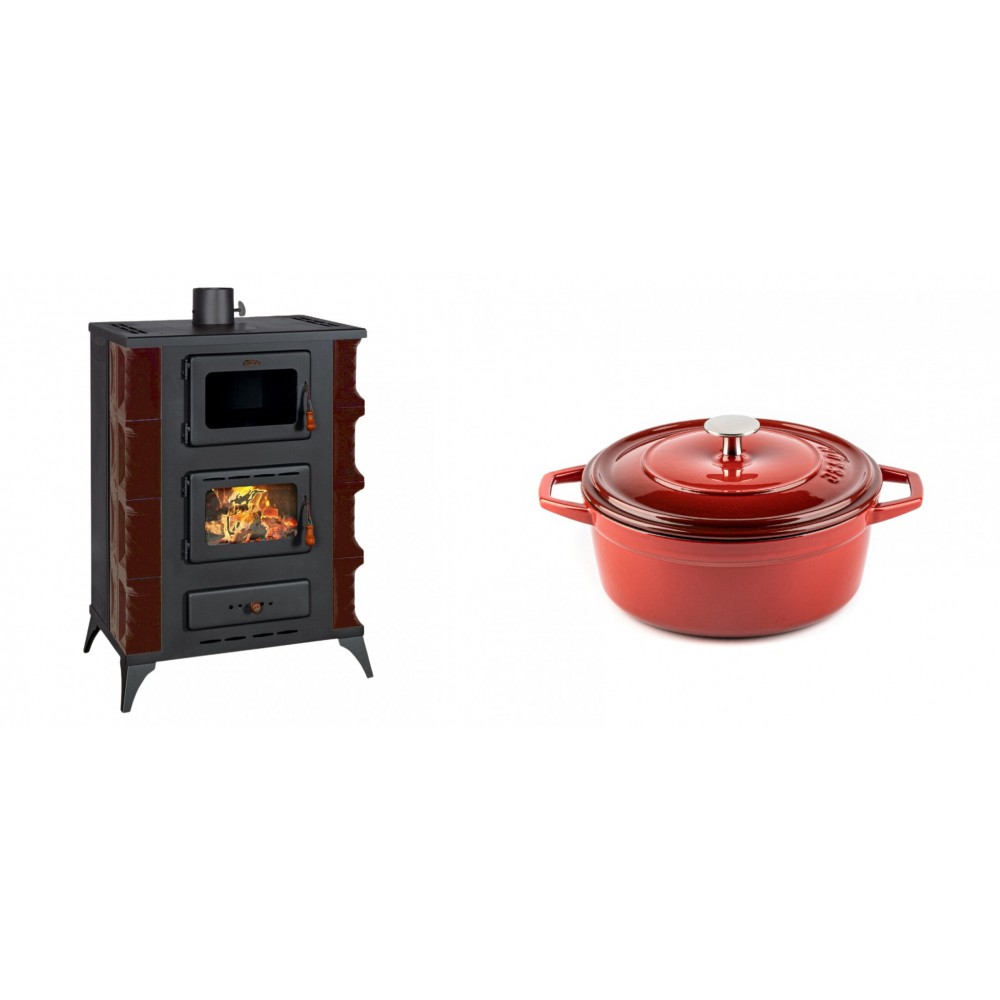 Set Kaminofen, Holzofen mit Backfach Prity, Modell F RK Maro, 12kW + Gusseisen Topf Tiefer Solagio, Rubin, Ф20 | Holzofen | Kaminofen |