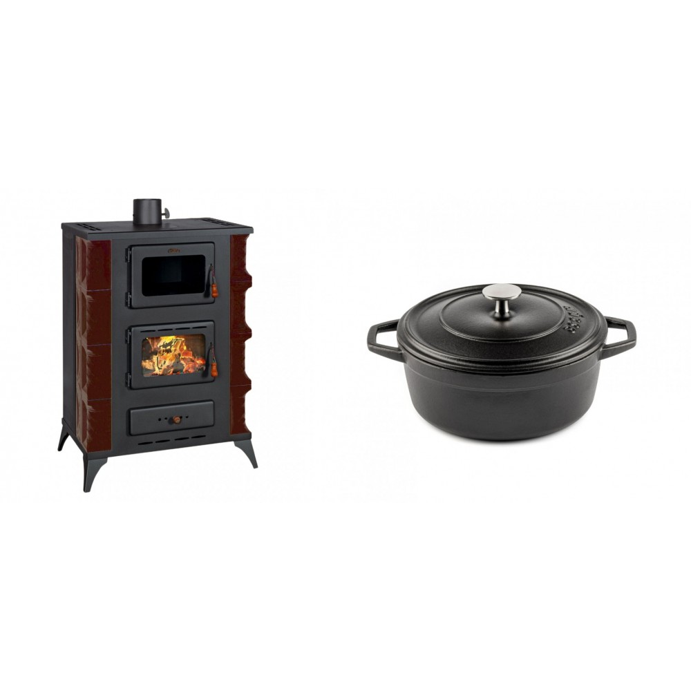 Set Kaminofen, Holzofen mit Backfach Prity, Modell F RK Maro, 12kW + Gusseisen Topf Tiefer Solagio, Black Onyx, Ф20
