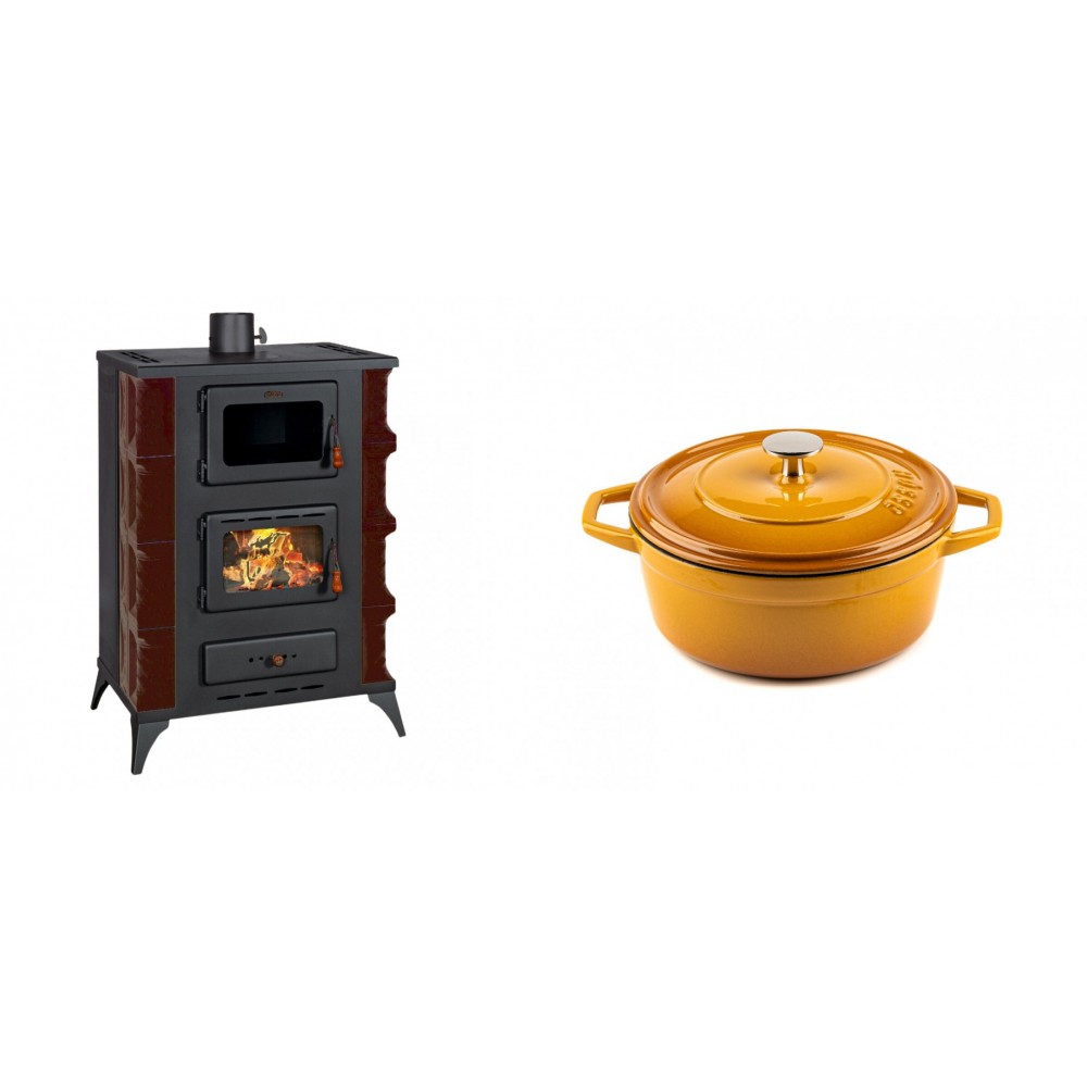 Set Kaminofen, Holzofen mit Backfach Prity, Modell F RK Maro, 12kW + Gusseisen Topf Tiefer Solagio, Dijon, Ф20