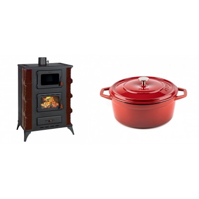 Set Kaminofen, Holzofen mit Backfach Prity, Modell F RK Maro, 12kW + Gusseisen Topf Tiefer Solagio, Rubin, Ф24 - Kaminofen - Holzofen mit Backfach