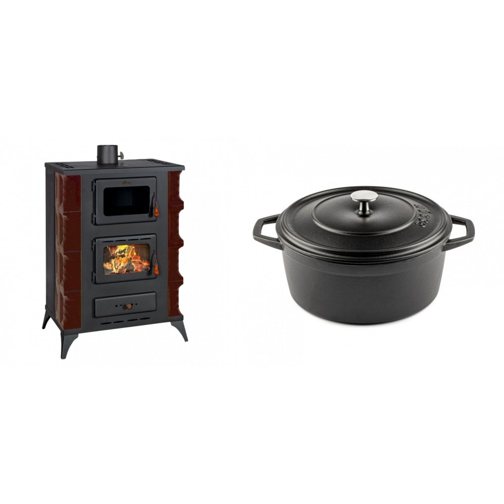 Set Kaminofen, Holzofen mit Backfach Prity, Modell F RK Maro, 12kW + Gusseisen Topf Tiefer Solagio, Black Onyx, Ф24